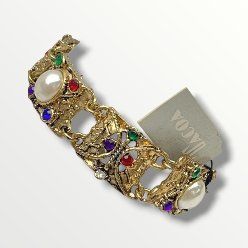 Vintage 90's TACOA Gold Panel Bracelet with Multicolor Crystal and Pearl Accents
